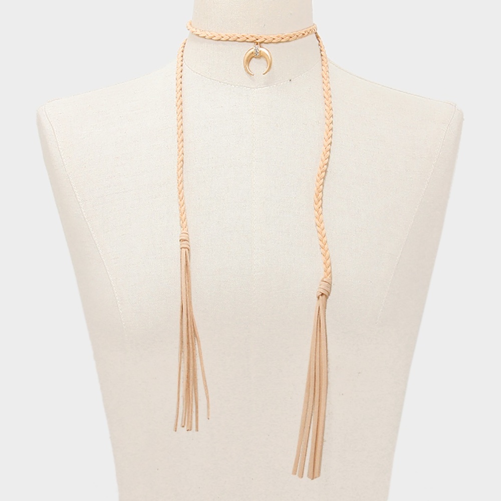 Beige Suede Leather Tassel Horn Choker Necklace